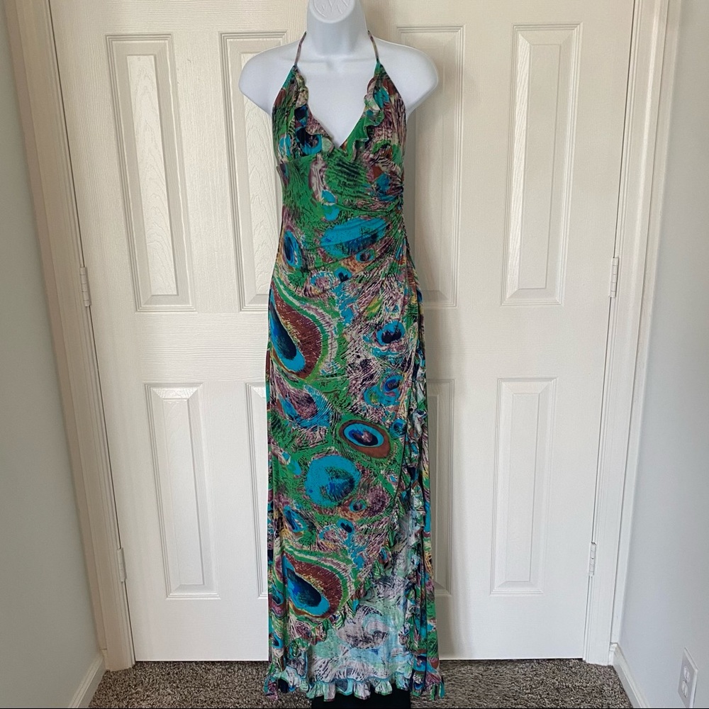 Sky Peacock Pattern Maxi Halter Dress (S)